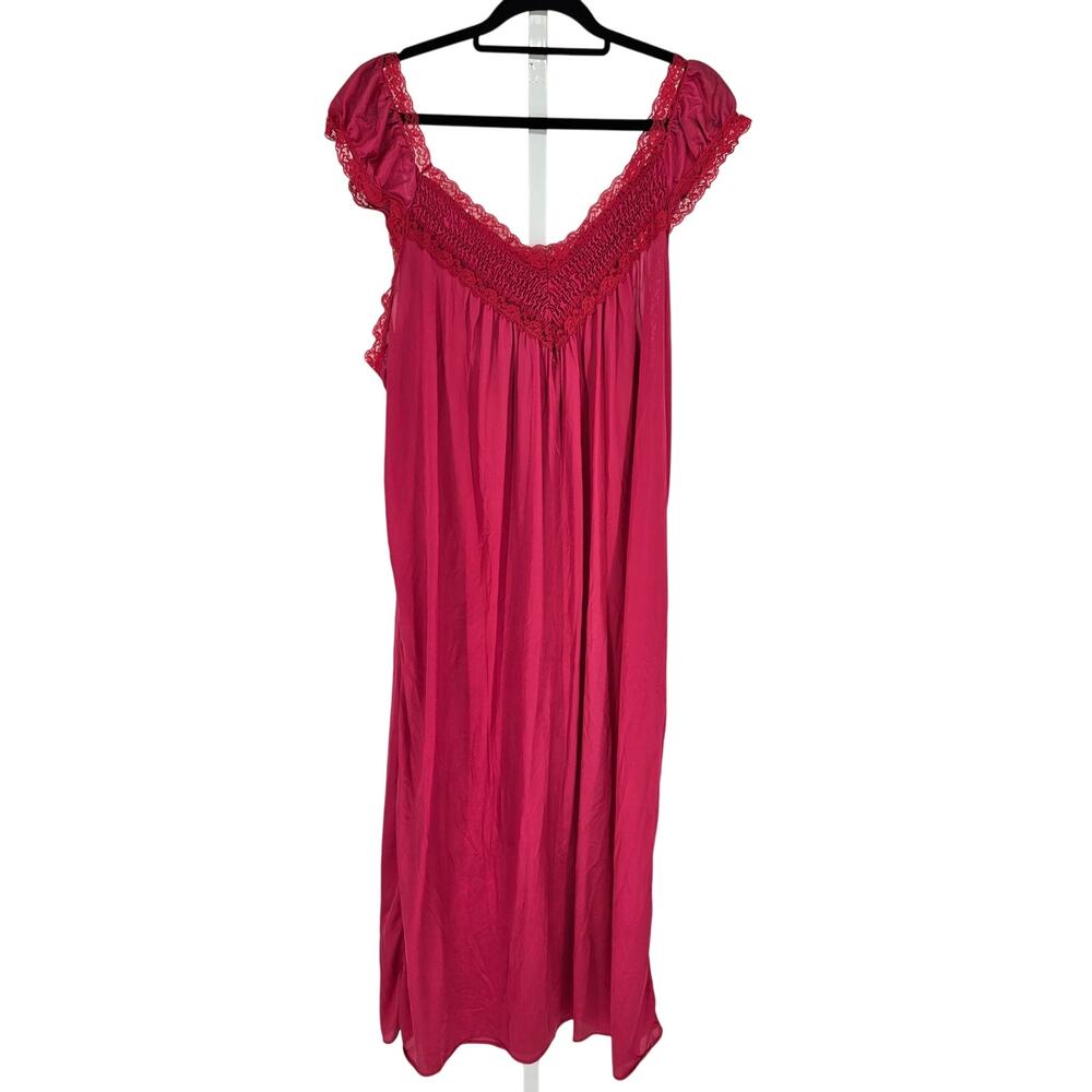 Vintage Jill Andrea Womens Sz XL Maxi Length Nightgown Bright Pink Smocked